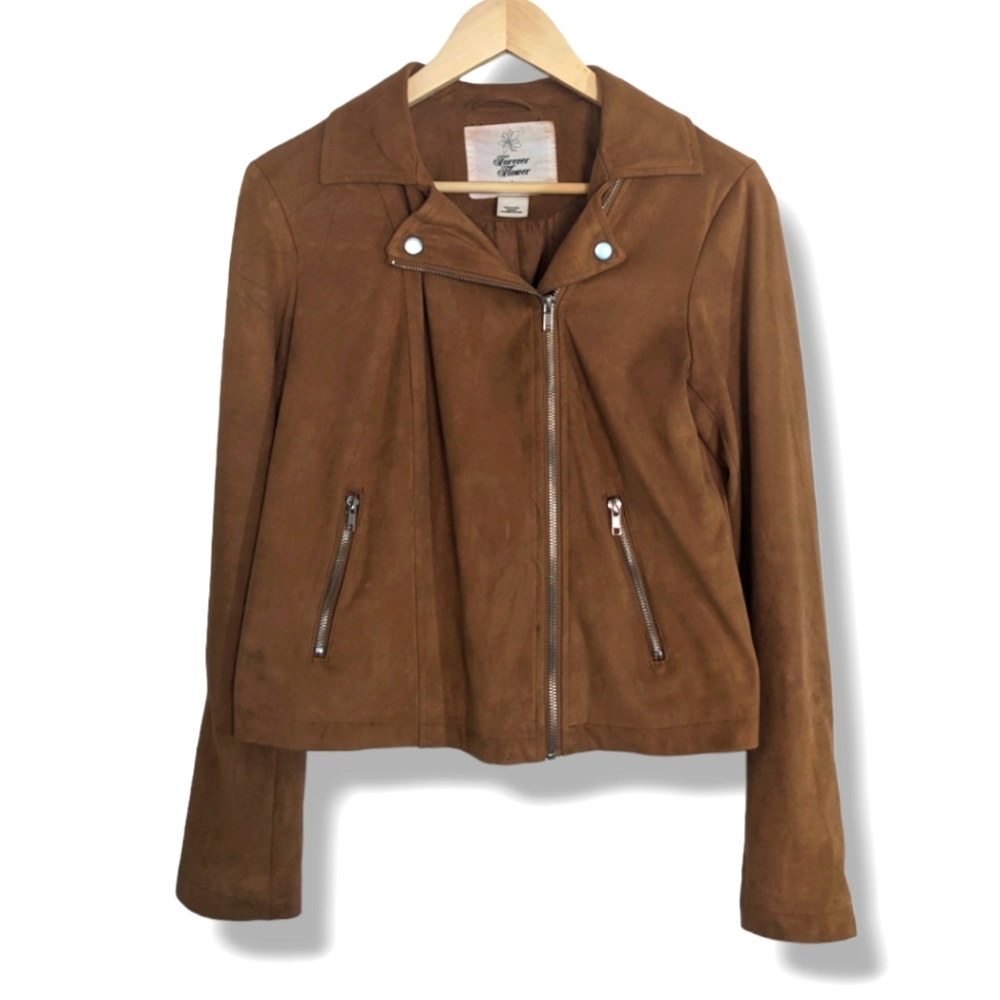 Forever Flower | Chic Boho Tan Suede Zip Up Moto Jacket Women's Size L